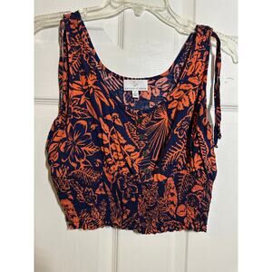 Patrons of Peace  Floral Crop Top Ruffle Sleeves Blue Orange Smocked Size Medium